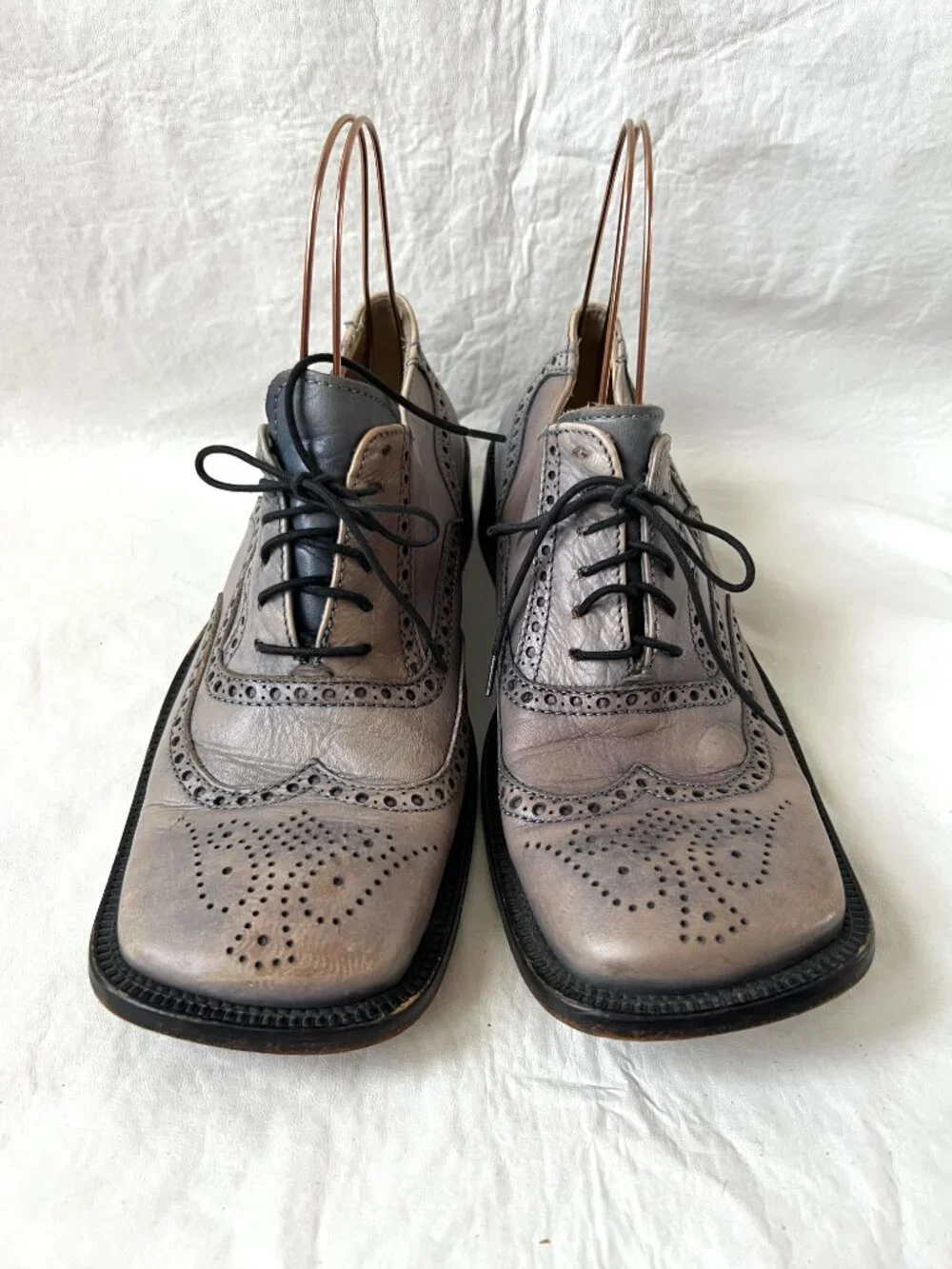Wingtip shoes blue beige leather square toe mens EU 43 chunky brogues unique
